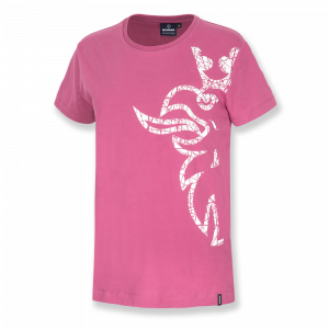 T-shirt damski, różowy, o kroju loose fit, z gryfem
