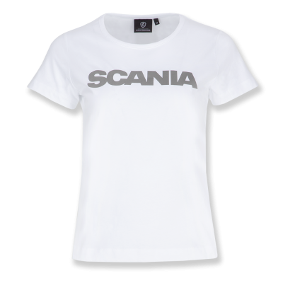 Enkel hvid dame-T-shirt med Scania-mærke 