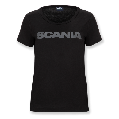 Enkel sort dame-T-shirt med Scania-mærke 